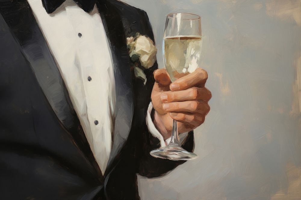 Close up of groom hand holding champagne painting wedding tuxedo. AI generated Image by rawpixel.