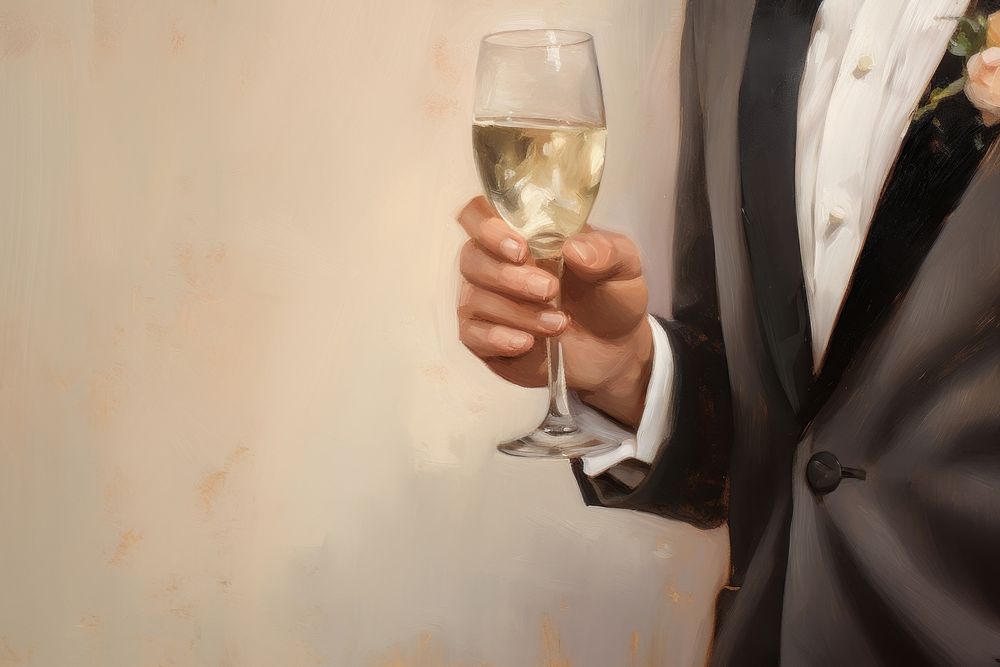 Close up of groom hand holding champagne tuxedo glass drink. AI generated Image by rawpixel.