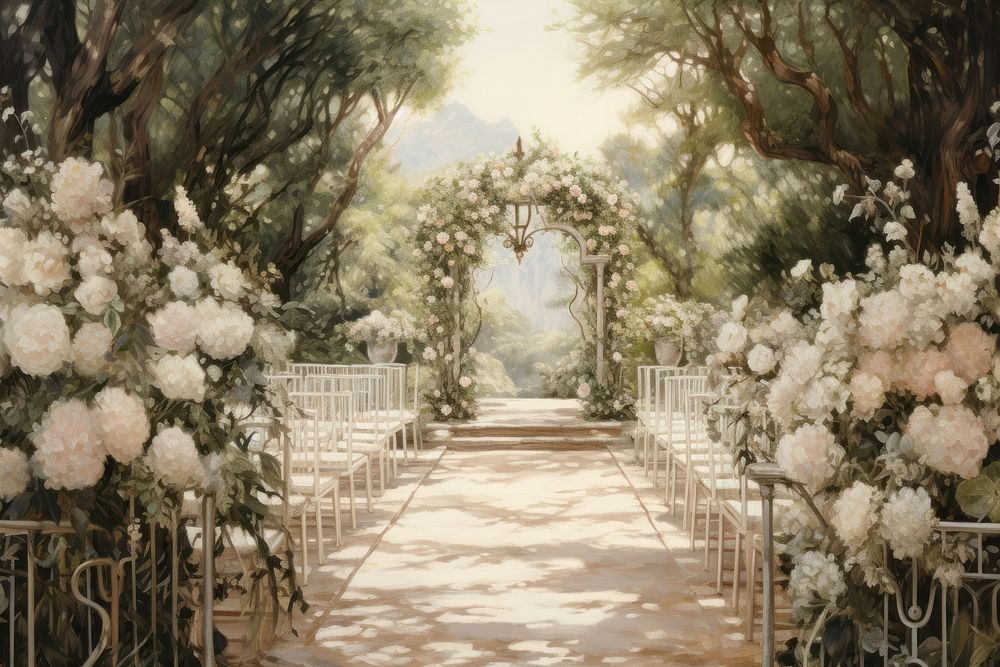 Wedding aisle in the garden architecture outdoors painting. AI generated Image by rawpixel.