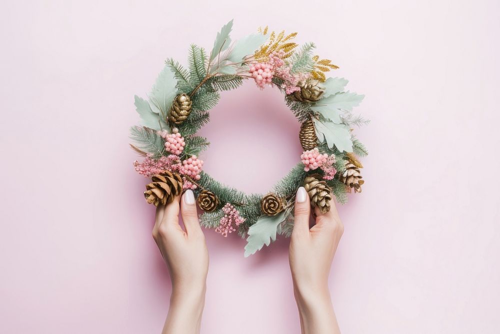 Hand holding pine wreath christmas celebration decoration. AI generated Image by rawpixel.