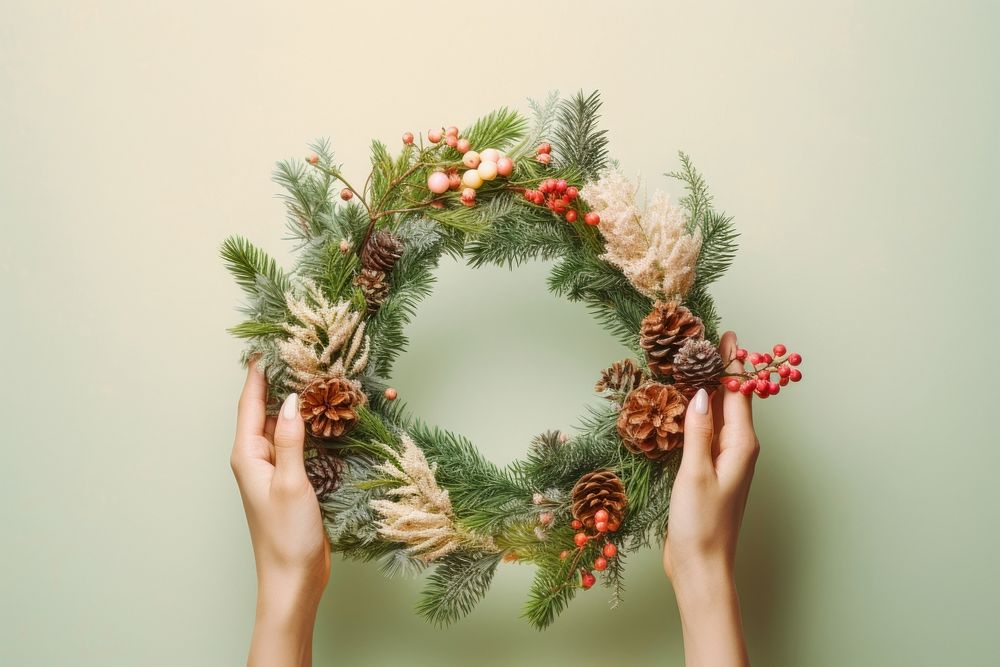 Hand holding pine wreath christmas plant celebration. AI generated Image by rawpixel.