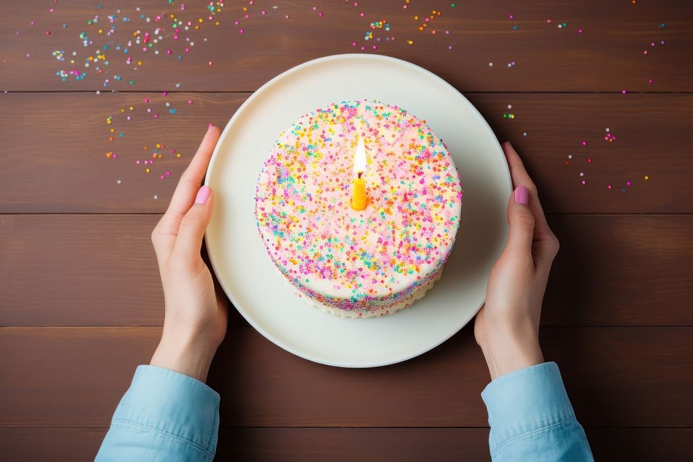 Hands holding birthday cake with candle on plate sprinkles dessert food. AI generated Image by rawpixel.