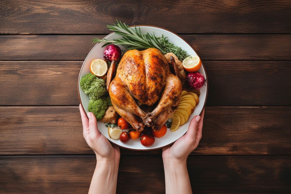 Hands holding turkey food dinner plate meat. AI generated Image by rawpixel.
