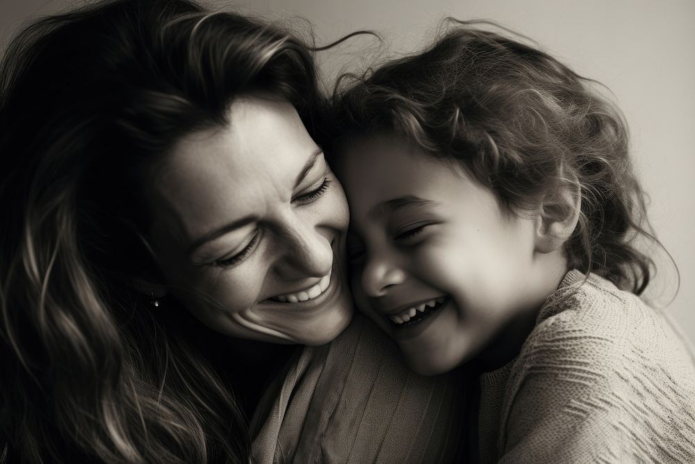 Smiling daughter hug cuddle mother laughing portrait adult. AI generated Image by rawpixel.