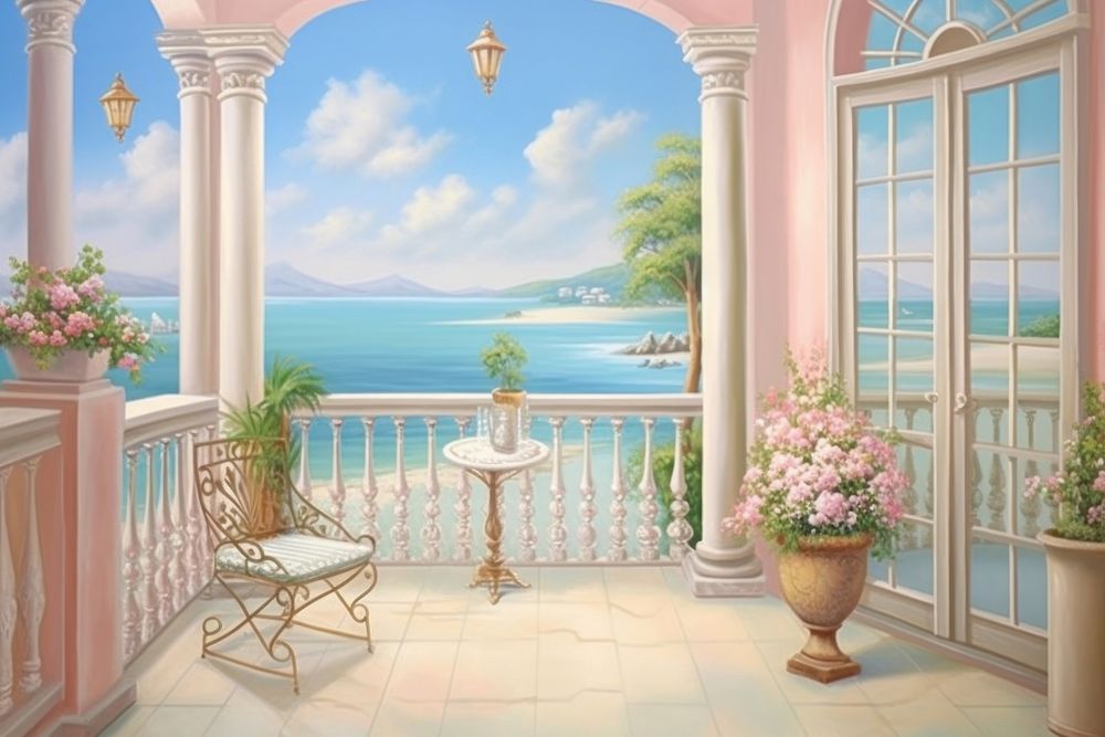 Painting of balcony border architecture furniture building. 