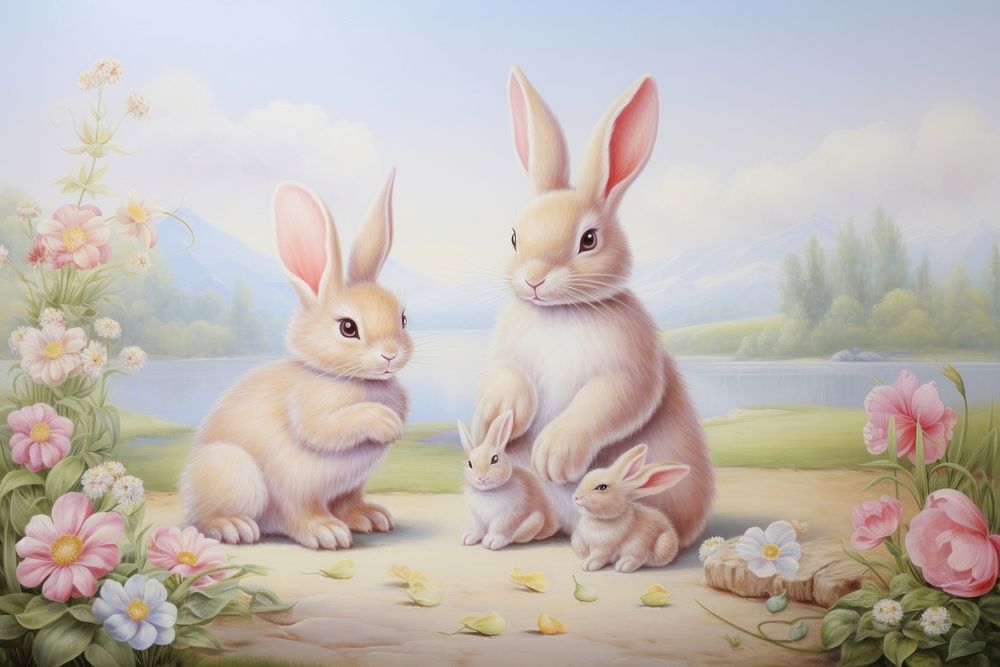 Painting of rabbits border animal rodent mammal. AI generated Image by rawpixel.