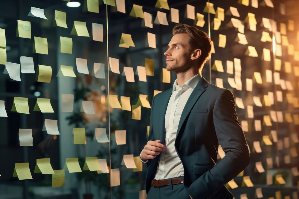 Young businessman planning success holding adhesive note adult contemplation architecture. AI generated Image by rawpixel.