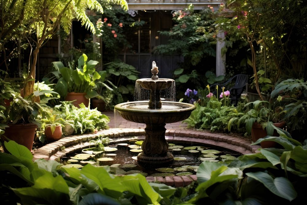 Gardener backyard fountain architecture. AI generated Image by rawpixel.