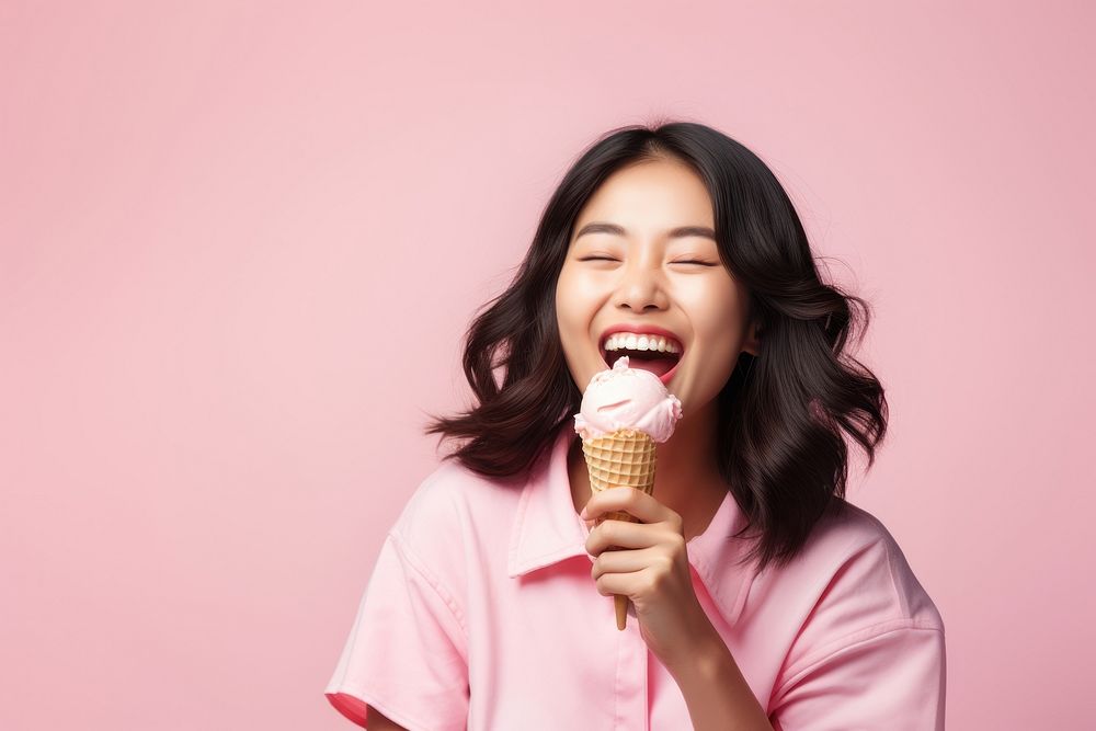 Asian woman licks delicious ice cream adult happy refreshment. AI generated Image by rawpixel.