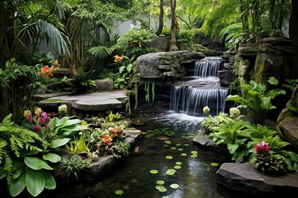 Gardener waterfall backyard vegetation. AI generated Image by rawpixel.