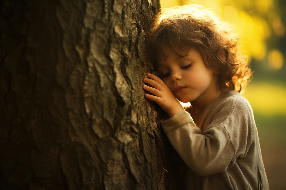 A child hugginf a Tree nature tree contemplation. AI generated Image by rawpixel.