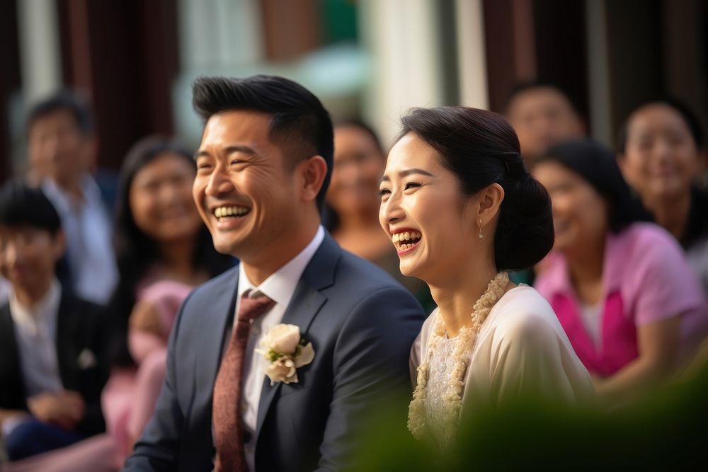 A groom and a bride in wedding ceremony laughing adult smile. AI generated Image by rawpixel.