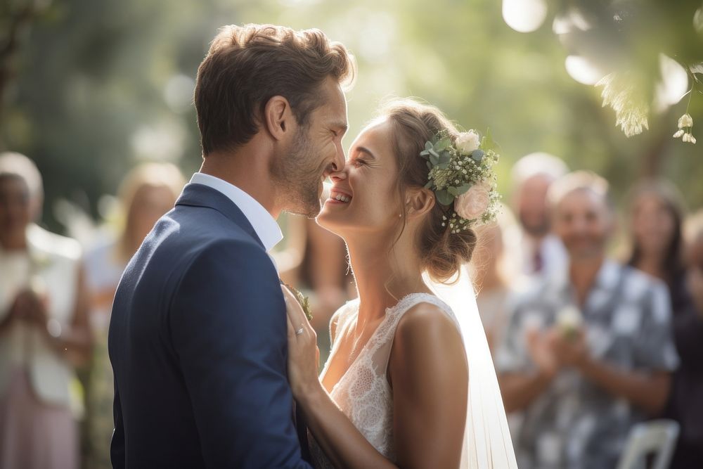 A groom kissing a bride in wedding ceremony adult event dress. AI generated Image by rawpixel.