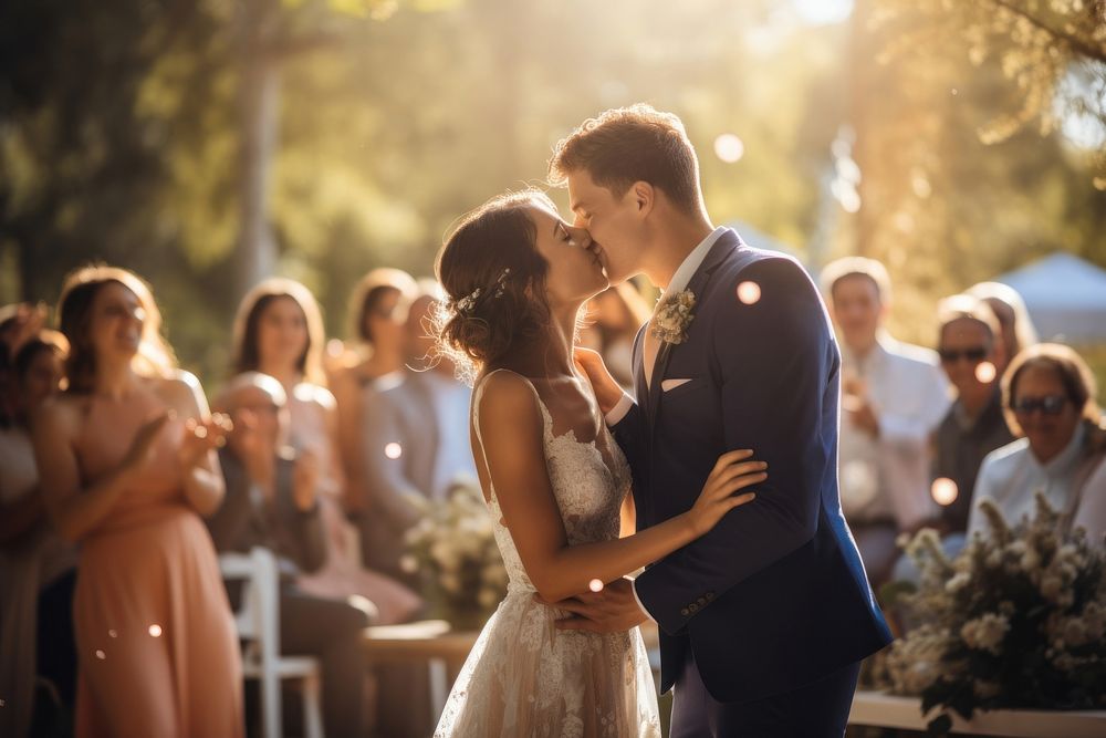 A groom kissing a bride in wedding ceremony adult event dress. AI generated Image by rawpixel.