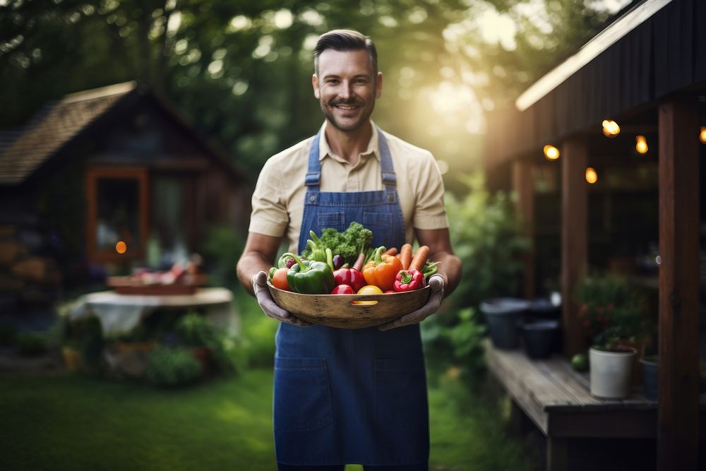 A happy farmer holding vegetables outdoors organic garden. AI generated Image by rawpixel.