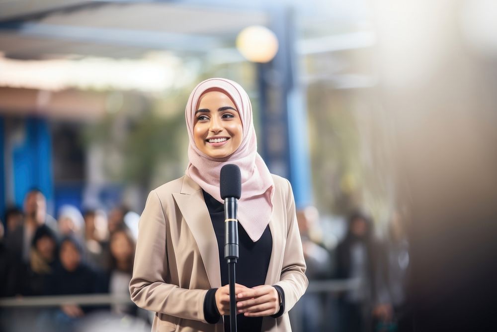 A muslim woman standing of stage going to give a presentation to audience microphone adult architecture. AI generated Image…