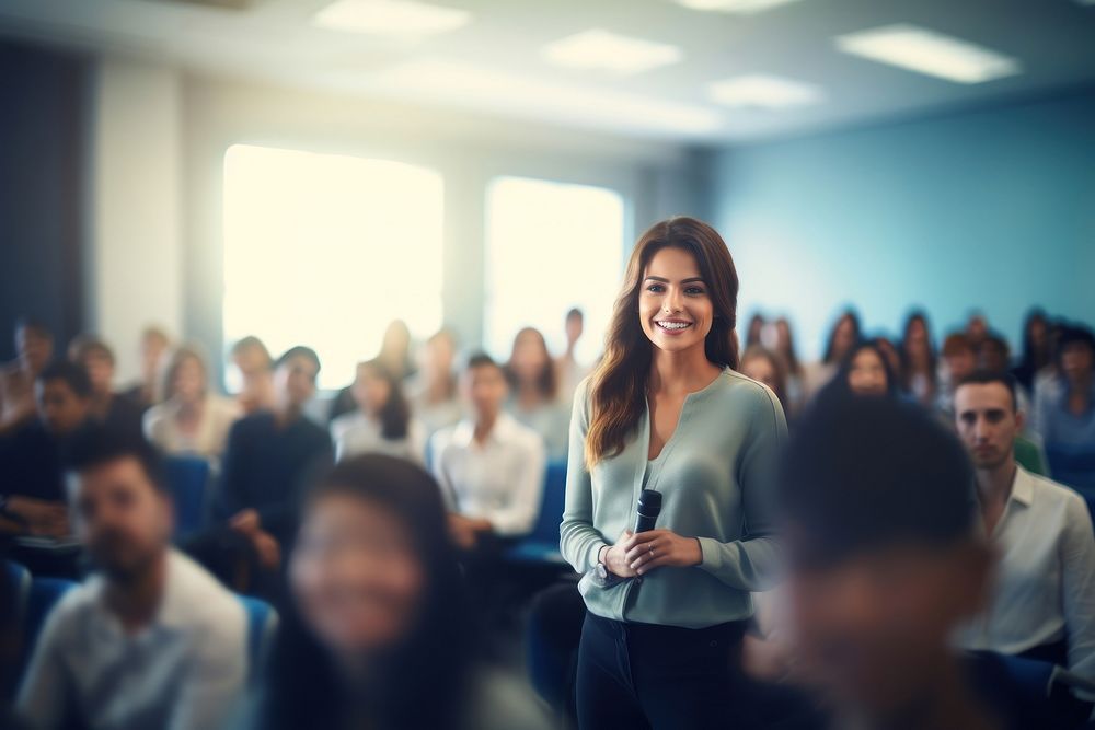 A woman giving presentation in front of the clasroom university audience adult. AI generated Image by rawpixel.