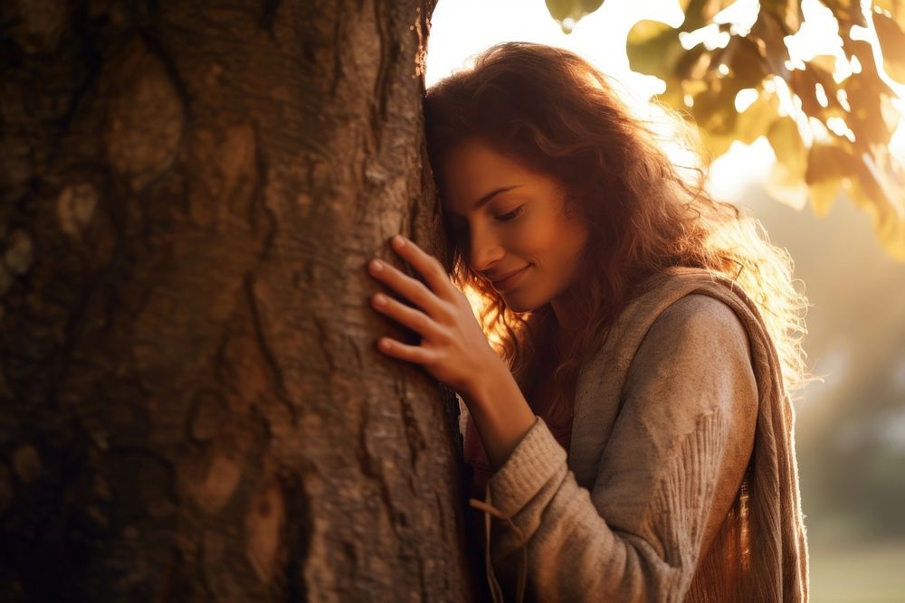 A woman hugging a Tree nature photo tree. AI generated Image by rawpixel.