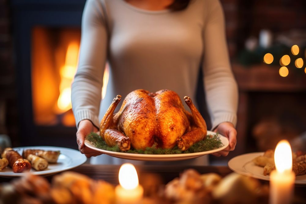 A woman serving roasted turkey on the table and celebrating holiday dinner thanksgiving tradition. AI generated Image by…