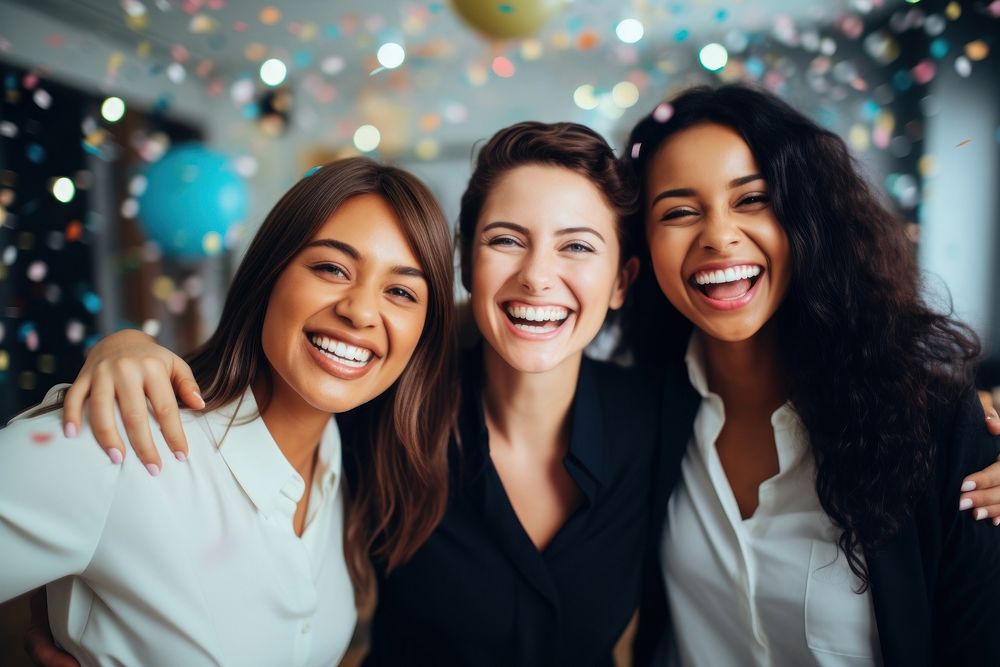 A Team of happy confident smiling young women celebrating their success together laughing smile adult. AI generated Image by…