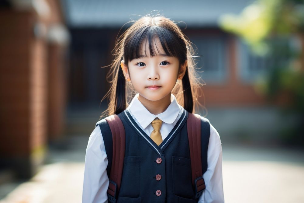A young asian girl wearing student uniform standing school architecture. AI generated Image by rawpixel.