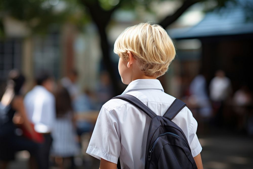 A young blonde boy wearing student uniform walking adult architecture. AI generated Image by rawpixel.