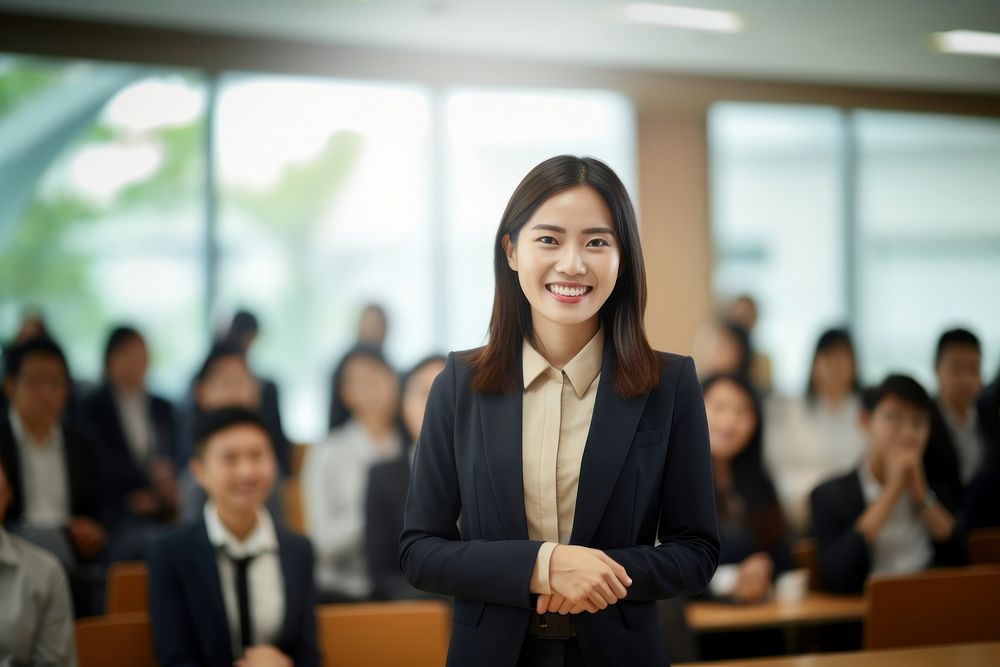 An asian business woman standing confidently and giving presentation to her collegues in meeting room office adult smile. AI…