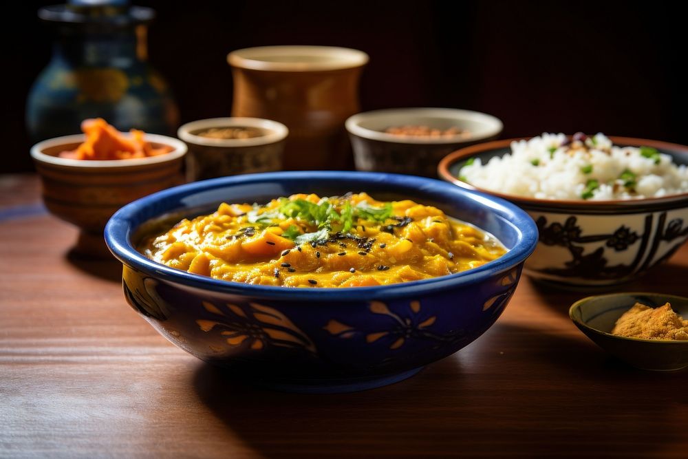 Curry bowl table food. AI generated Image by rawpixel.