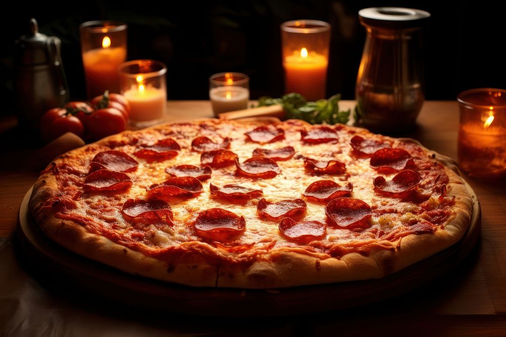 Pizza candle table food. AI generated Image by rawpixel.