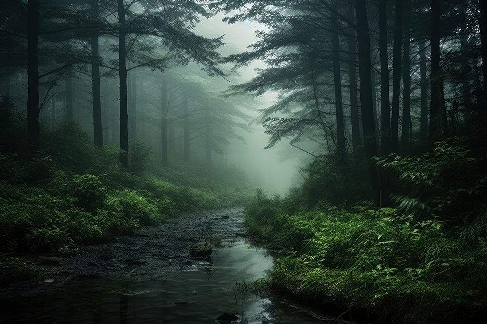 Rain fog outdoors woodland. AI generated Image by rawpixel.