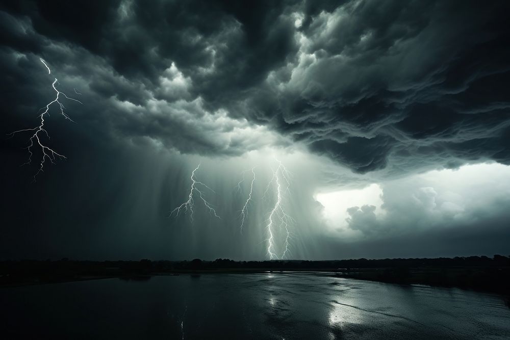 Rain storm thunderstorm lightning. AI generated Image by rawpixel.