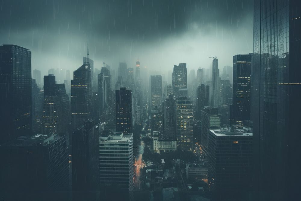 Rain city architecture skyscraper. AI generated Image by rawpixel.