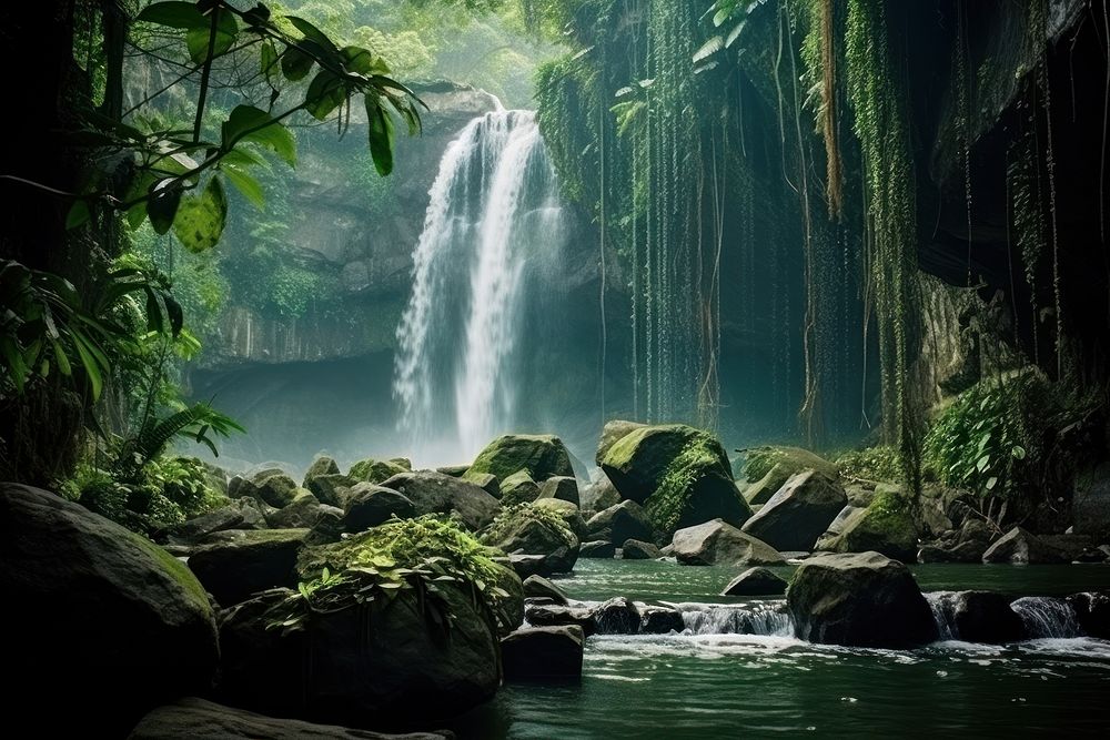 Rainforest waterfall vegetation landscape. AI generated Image by rawpixel.