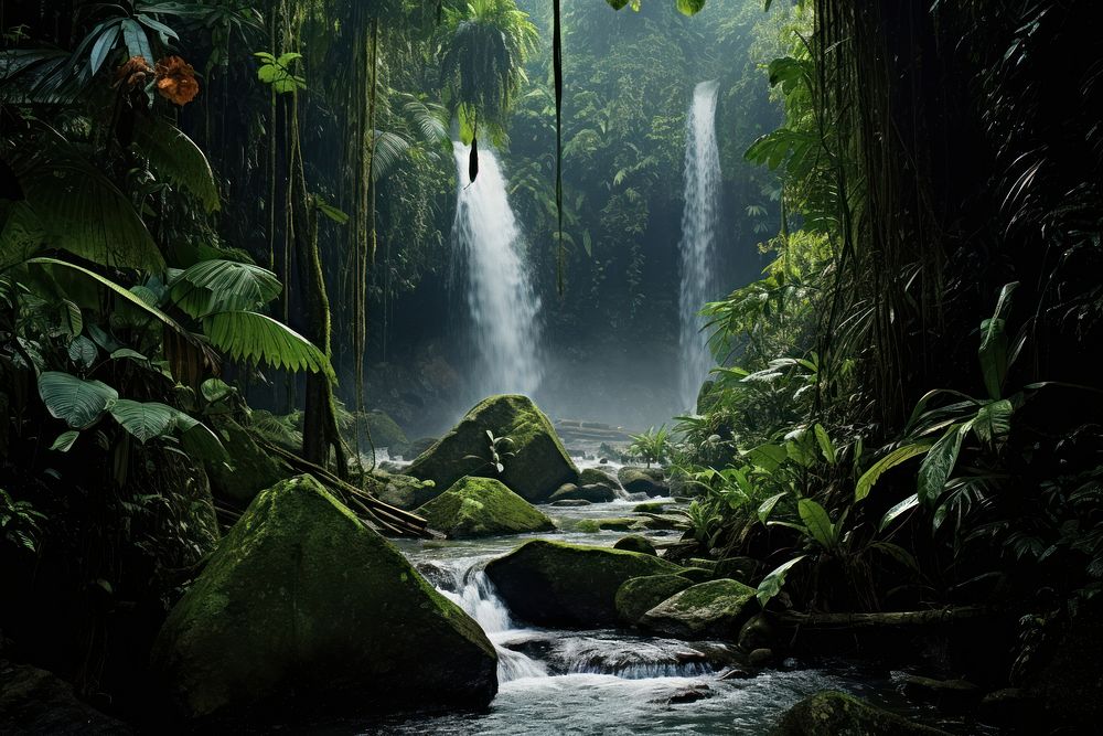 Rainforest vegetation waterfall outdoors. AI generated Image by rawpixel.