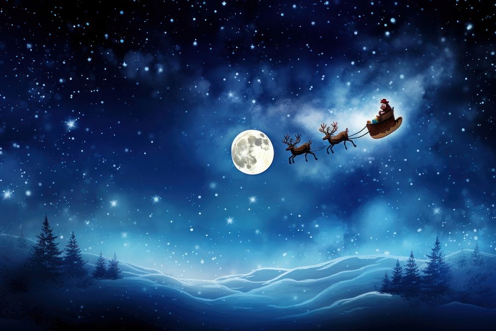 Santa Claus and four Rudolphs on a sleigh flying through the sky night moon astronomy. AI generated Image by rawpixel.