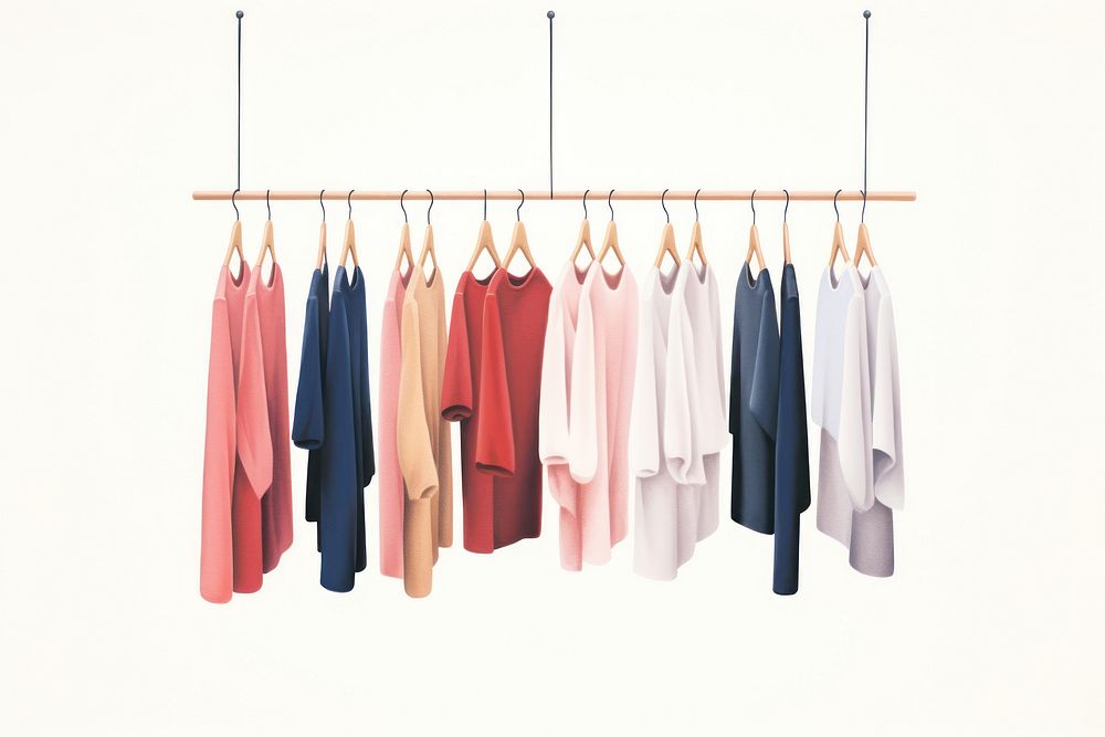 Apparel hanging on hangers white background clothesline arrangement. AI generated Image by rawpixel.
