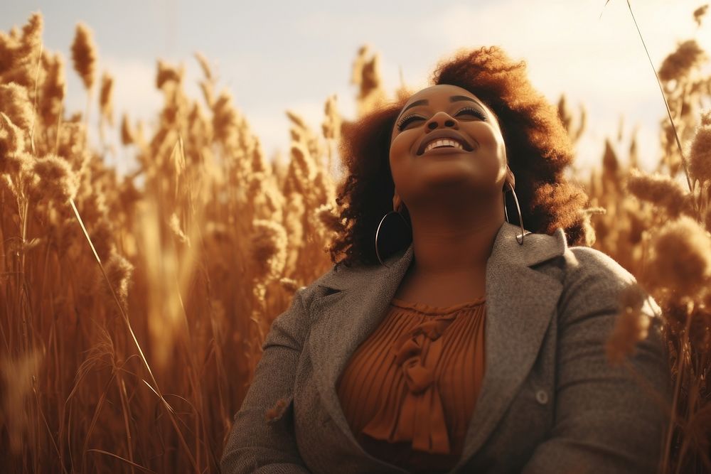A happy plus-size black woman photography portrait outdoors. AI generated Image by rawpixel.