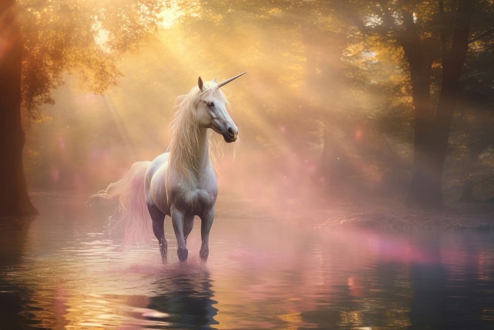 Unicorn run past water mist outdoors animal mammal. AI generated Image by rawpixel.