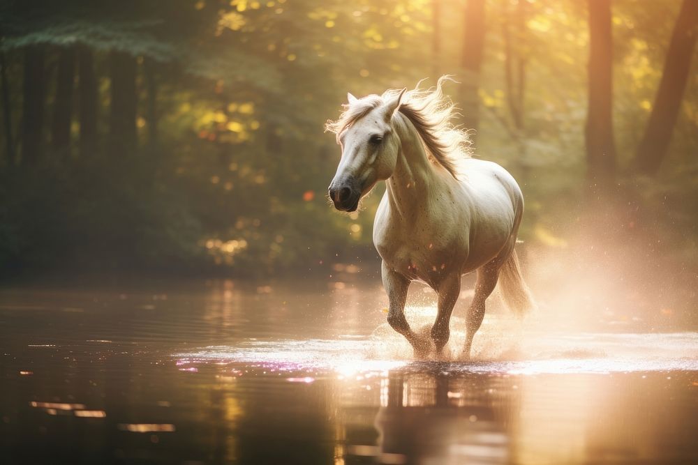 Unicorn run past water mist stallion animal mammal. AI generated Image by rawpixel.