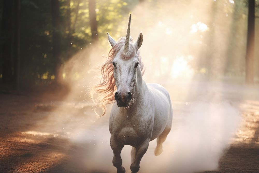 Unicorn run past water mist stallion animal mammal. AI generated Image by rawpixel.