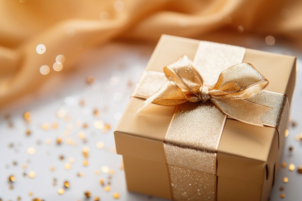 Gift box with gold ribbon celebration anniversary decoration. AI generated Image by rawpixel.