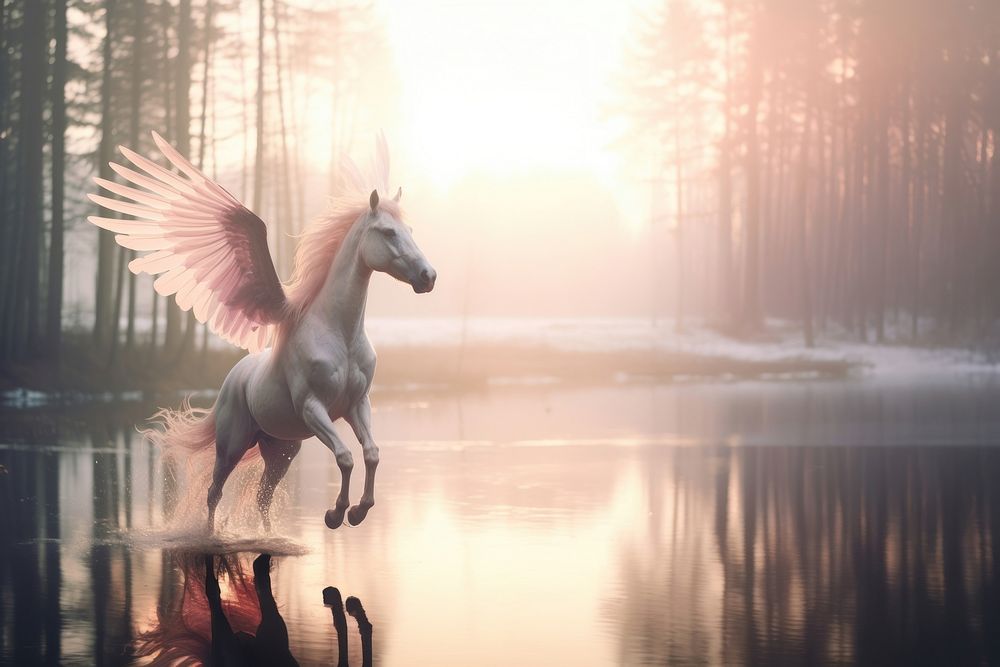 Pegasus fly past water mist outdoors animal mammal. AI generated Image by rawpixel.