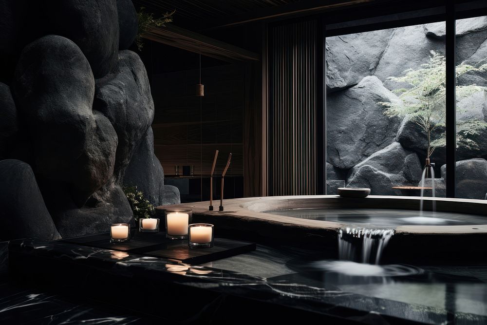 Onsen architecture darkness lighting. AI generated Image by rawpixel.