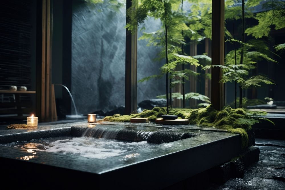 Onsen jacuzzi architecture tranquility. AI generated Image by rawpixel.