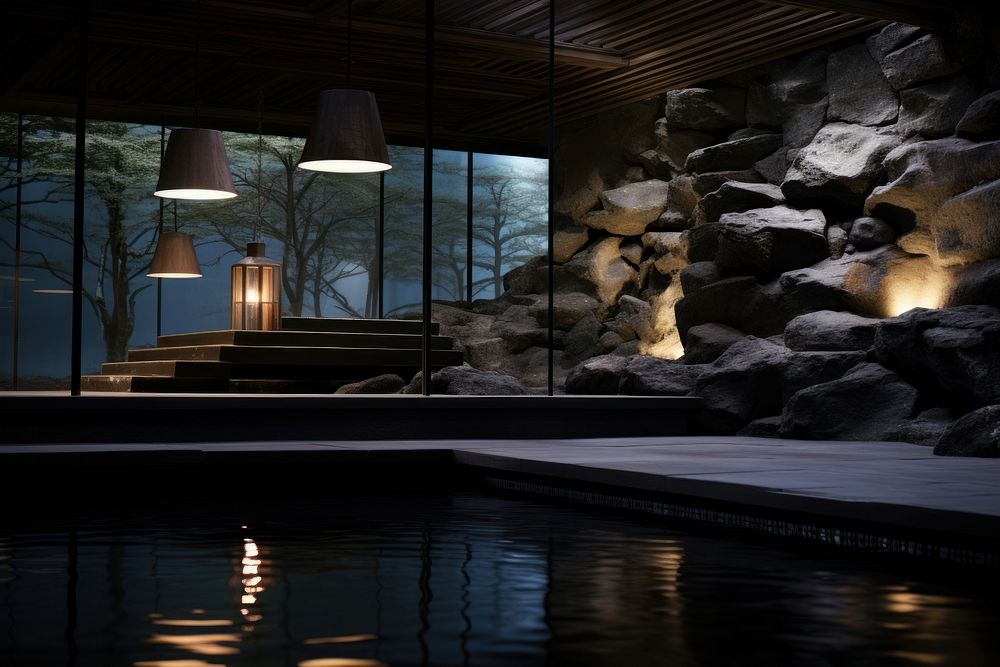 Onsen architecture building lighting. AI generated Image by rawpixel.