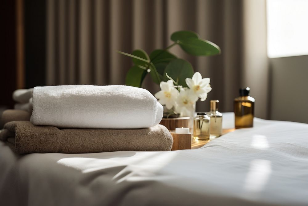 Spa amenities bed furniture towel. AI generated Image by rawpixel.