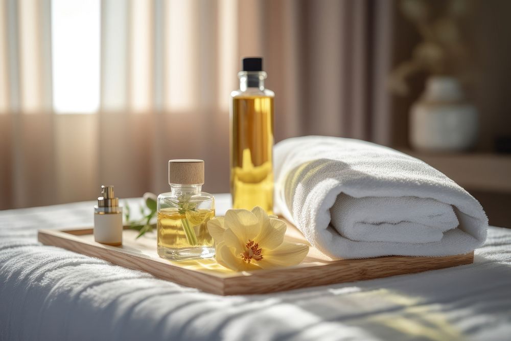 Spa amenities perfume bottle bed. AI generated Image by rawpixel.