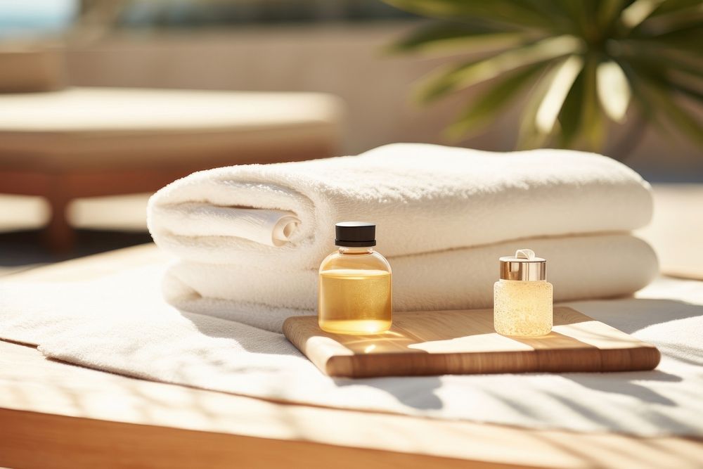 Spa amenities perfume bottle towel. AI generated Image by rawpixel.