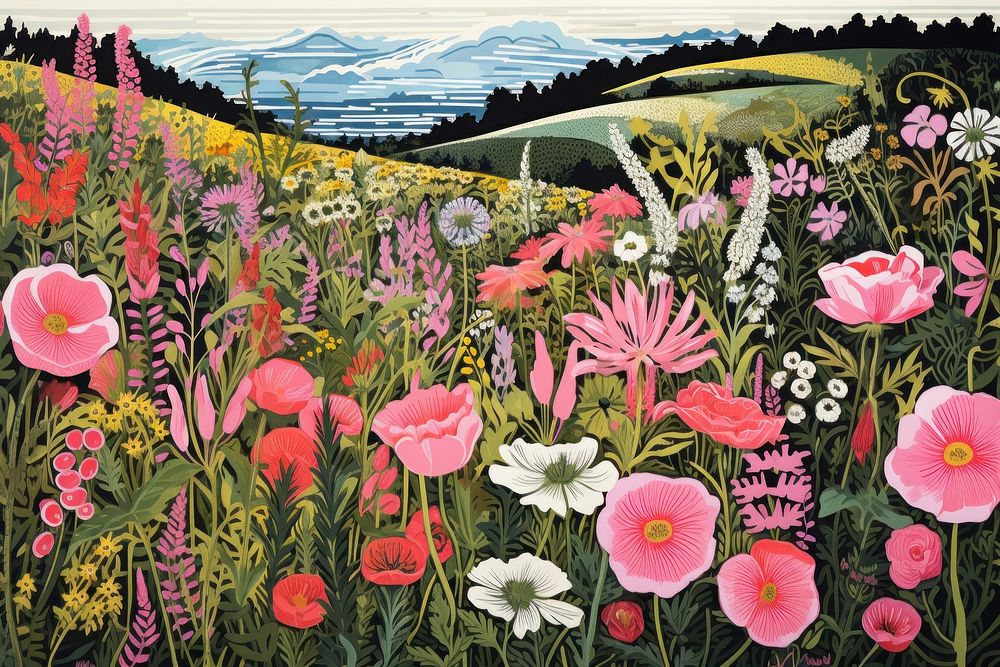 Flower field outdoors painting. AI generated Image by rawpixel.