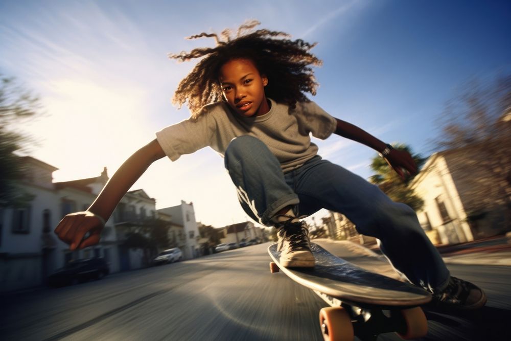 A cool black teenage girl playing skateboard photography vehicle motion. AI generated Image by rawpixel.